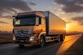 Sunrise delivery scene 3D rendered trucks rear view on road, cityscape backdrop, signifies efficiency