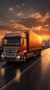 Sunrise delivery scene 3D rendered trucks rear view on road, cityscape backdrop, signifies efficiency
