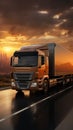 Sunrise delivery scene 3D rendered trucks rear view on road, cityscape backdrop, signifies efficiency