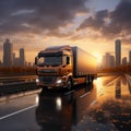 Sunrise delivery scene 3D rendered trucks rear view on road, cityscape backdrop, signifies efficiency