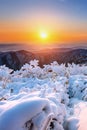 Sunrise on Deogyusan mountains covered with snow in winter.