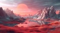 sunrise and desert with mountain range on the red planet. Royalty Free Stock Photo