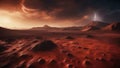 sunrise in the desert _A red planet with a clayey surface and volcanoes. The planet has a high temperature Royalty Free Stock Photo