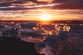 Sunrise at Diamond Beach Near Jokulsarlon Glacier Lagoon, Iceland Royalty Free Stock Photo