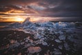 Sunrise at Diamond Beach Near Jokulsarlon Glacier Lagoon, Iceland Royalty Free Stock Photo