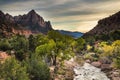 dramatic sunrise in Watchman and Virgin river landscape taken in Zion national Park in Utah during autumn. Royalty Free Stock Photo