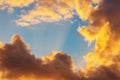 Sunrise dramatic sky clouds with sunbeam rays, God and heavens