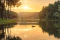 Sunrise in early morning at pang ung lake with swans Cygnus atratus couple swiming in the water