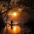 Sunrise Early Morning Thai Fishman Working in Mangrove Forest