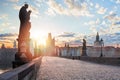 Sunrise at empty Charles bridge tower, Prague panorama