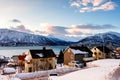 Sunrise of famous north town Tromso, Norway. View of the fjord Royalty Free Stock Photo