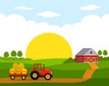 Sunrise on the farm. Rural landscape with hangar and red tractor with trailer and harvest.Flat vector illustration Royalty Free Stock Photo