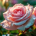 Sunrise.Field of roses. Close up of beautiful creamy pink rose petals with dew drops in bright sunlight. Royalty Free Stock Photo