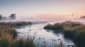 Serene Wetland Landscape With Morning Fog And Reeds