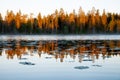 Sunrise by a foggy lake with taiga forest near Kuusamo