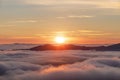 Sunrise on the foggy morning. Landscape with high mountains. Panoramic view. Forest of the pine trees. Touristic place. Natural Royalty Free Stock Photo