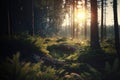 Sunrise in a forest aesthetic background, witchcraft magic wallpaper AI Generated