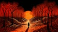 Psychedelic Woodland Walk: Dark Orange And Silver Optical Illusion Paintings