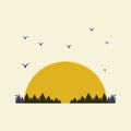 Sunrise in forest and flying birds aesthetic square illustration poster. Bohemian style wall decor.