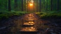 Sunrise forest path stones, water, calm, nature, tranquility, hope, background Royalty Free Stock Photo