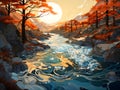 Sunrise on a forest with river and mountains background illustration Royalty Free Stock Photo