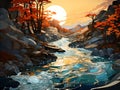 Sunrise on a forest with river and mountains background illustration Royalty Free Stock Photo