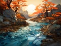 Sunrise on a forest with river and mountains background illustration Royalty Free Stock Photo
