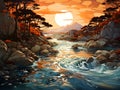 Sunrise on a forest with river and mountains background illustration Royalty Free Stock Photo