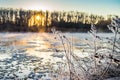 Sunrise during freeze-up in the river