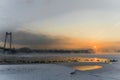 sunrise on a frosty foggy morning over the Yenisei River Royalty Free Stock Photo