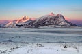 Sunrise at frozen fjord on the Lofoten Islands