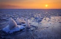 Sunrise and frozen sea. Beautiful winter landscape with lake in morning time. Daybreak Royalty Free Stock Photo