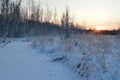 Sunrise on a frozen snowy river forest river in the tracks of wild animals Royalty Free Stock Photo