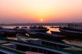 Sunrise at Ganga River with people ride a boats, Varanasi, India Royalty Free Stock Photo