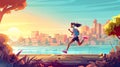 At sunrise, girl in headphones runs on embankment street along river or sea. Cartoon cityscape showing girl running Royalty Free Stock Photo
