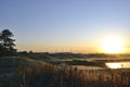 Sunrise in the golf course with the migration bird flying Royalty Free Stock Photo