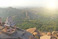 Sunrise in Hampi on Matanga hill. View from above, from the sky, aerophoto. Indian temple Hampi in the sun