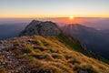 sunrise with haze from the Piatra Craiului mountain range in the Romanian Carpathians Royalty Free Stock Photo