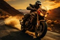 Sunrise highway ride Motorcyclist speeds, offering copious copy space, embodying morning adventure Royalty Free Stock Photo