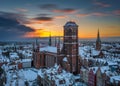 Sunrise in the historic center of Gdansk in winter, Poland