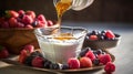 Sunrise Honey Drizzle on Greek Yogurt with Berries Royalty Free Stock Photo