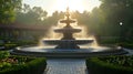 Sunrise illuminates park fountain, castle backdrop Royalty Free Stock Photo