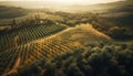 Sunrise illuminates rural Italian vineyard in autumn generated by AI