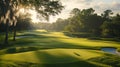 Sunrise illuminates a serene golf course with undulating greens and bunkers, surrounded by lush trees and hanging Spanish moss,