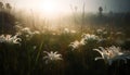 Sunrise illuminates wildflowers in tranquil meadow landscape generated by AI