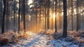 Frosty woodland path lit by winter sunrise Royalty Free Stock Photo