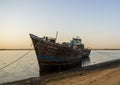 Sunrise in Jadaf area of Dubai. Old abandoned ships can be seen on the scene