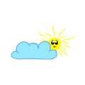 Blue cloud with sun illustration on white background. kawaii sun with eyes and mouth. hand drawn vector, sunny day. doodle art for Royalty Free Stock Photo