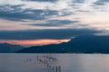 Sunrise on the lake. Panorama of the early morning. Royalty Free Stock Photo