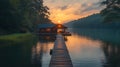 Sunrise lake house dock calm sunset mountains Royalty Free Stock Photo